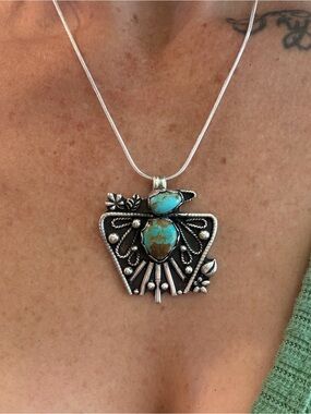 Thunderbird Sterling Silver Turquoise Pendant Necklace - Blue-Green Stone
